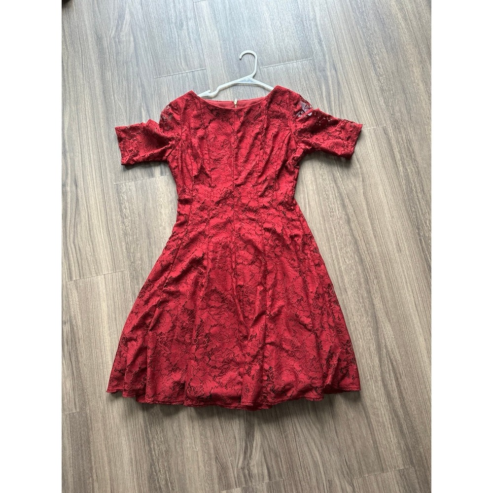 Melonie T Red Floral Lace Skater Dress Short Sleeve Fit Flare Medium